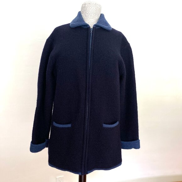 Vintage Pickett & Smith Black and Navy Wool Zipper Jacket, Size Medium - Picture 1 of 14